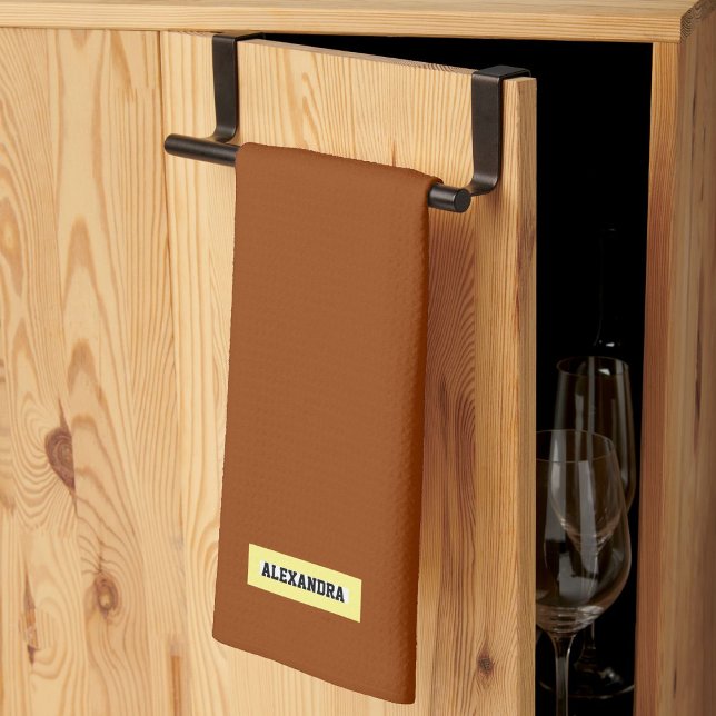 Custom name modern trendy elegant monogram brown tea towel (Creator Uploaded)