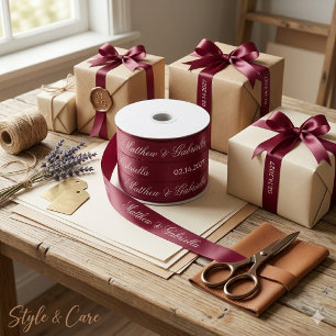Custom Name Monogram And Date Wedding Burgundy Satin Ribbon