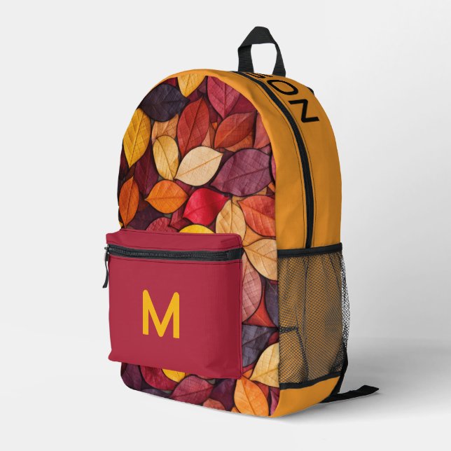 Custom Name & Monogram Autumn Leaves Printed Backpack (Back Corner Right)