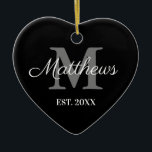 Custom name monogram black and white Christmas Ceramic Tree Decoration<br><div class="desc">Custom family name monogram black and white Christmas Ceramic Ornament. Monogrammed heart shape ornament. Romantic design for him or her, couple, boyfriend, girlfriend, couple, husband and wife, newly weds, co worker, parents, grandparents etc. Add your own personalised initials and date. Great for 1st Christmas together and other romantic moments. Upload...</div>