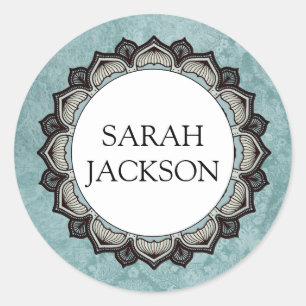 Custom Name Monogram Blue Grey Flower Petals Classic Round Sticker