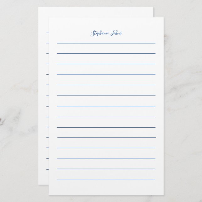 Custom Name Monogram Blue Lines White Simple Stationery (Front/Back)