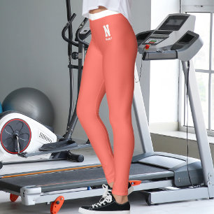 Custom Name Monogram Bright Coral White Birthday Leggings