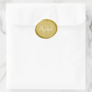 Custom Name Monogram Calligraphy Gold Glitter Ring Classic Round Sticker