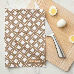 Custom name monogram checkered brown white squares tea towel
