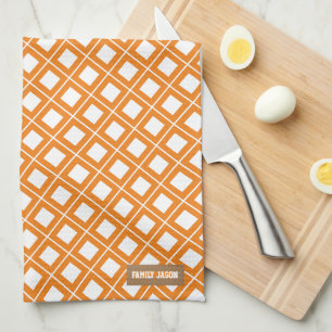 Custom name monogram checkered white orange tea towel