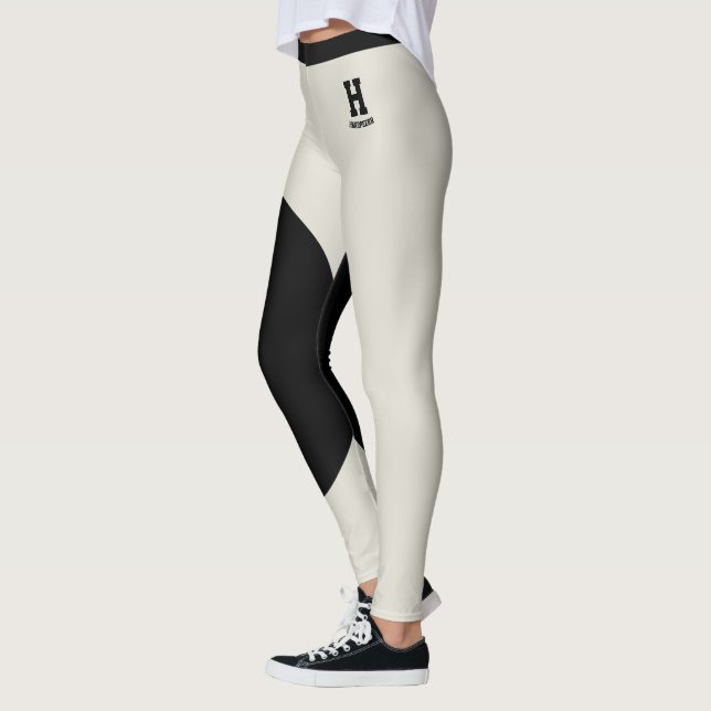 Custom Name Monogram Classy Oatmeal Black Accents Leggings (Left)