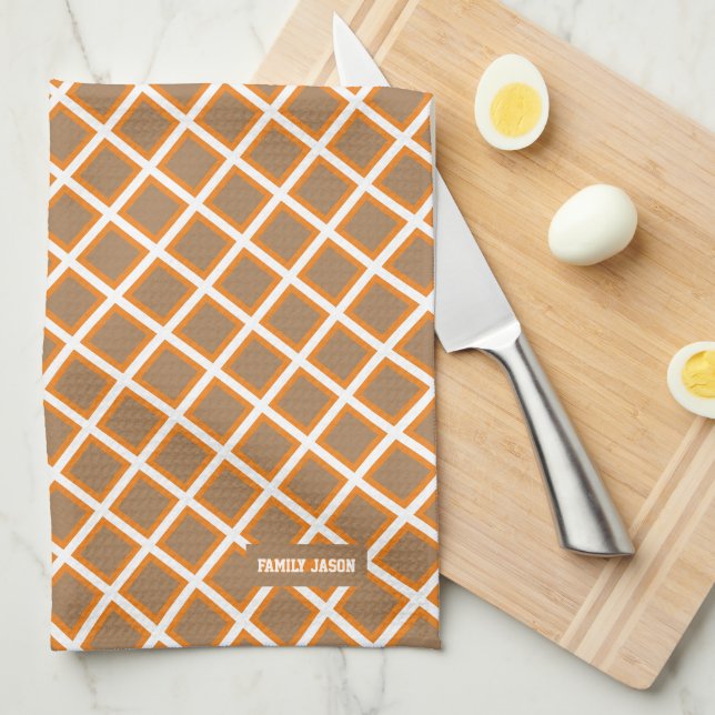 Custom name monogram diamonds brown white orange tea towel (Quarter Fold)