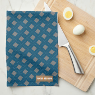 Custom name monogram diamonds navy blue grey chic tea towel