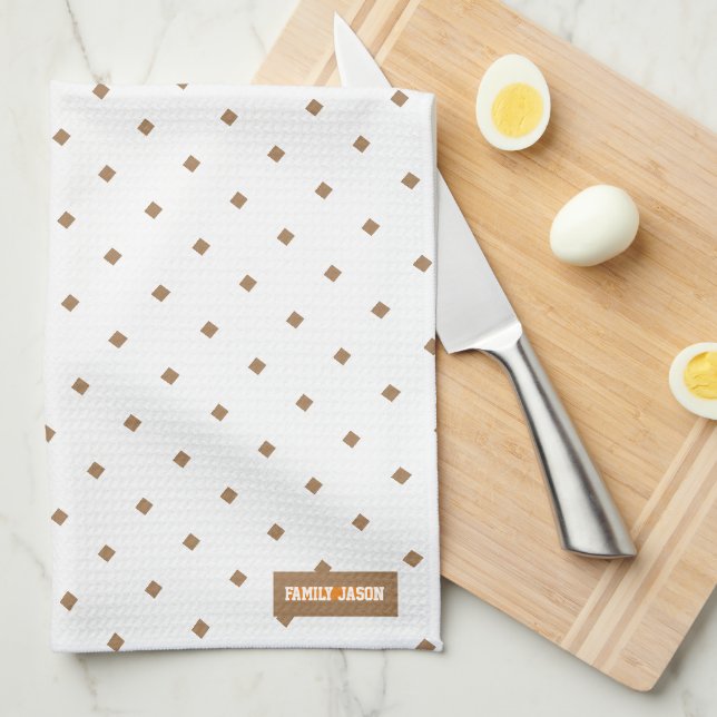 Custom name monogram diamonds pattern white brown tea towel (Quarter Fold)