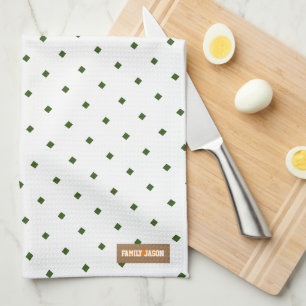 Custom name monogram diamonds pattern white green tea towel