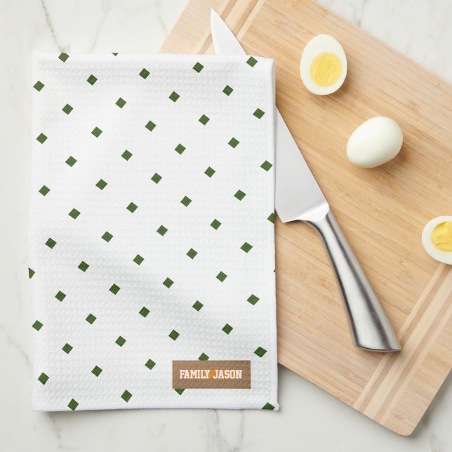 Custom name monogram diamonds pattern white green tea towel (Quarter Fold)