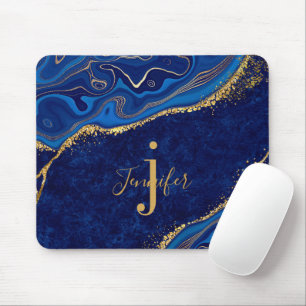 Custom Name Monogram Elegant Gold and Blue Agate Mouse Pad