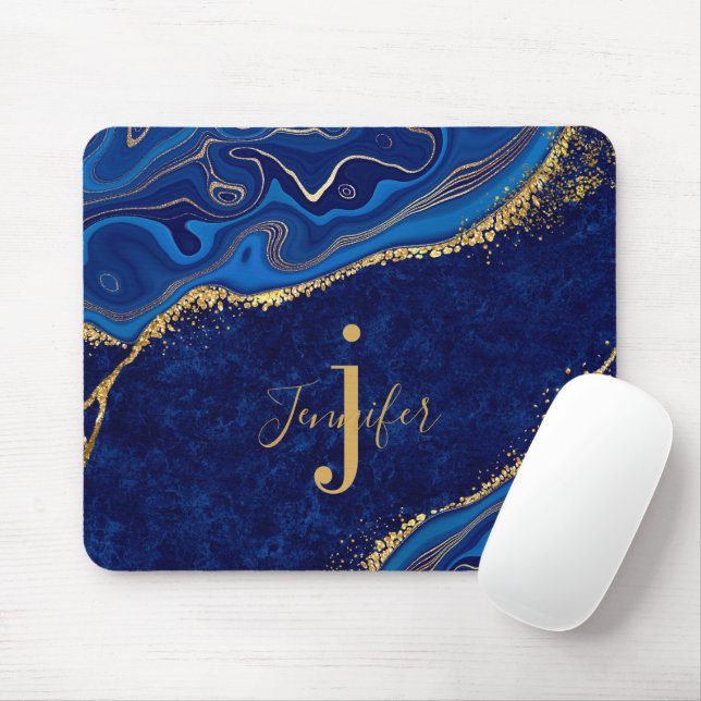 Custom Name Monogram Elegant Gold and Blue Agate   Mouse Pad (With Mouse)