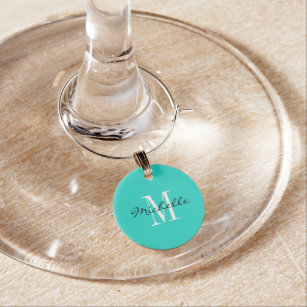 Custom name monogram elegant turquoise blue wine charm