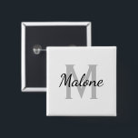 Custom name monogram elegant white square 2 inch 15 cm square badge<br><div class="desc">Custom name monogram square shape 2 inch button. Classy black and white design with stylish vintage hand lettering typography. Elegant custom design for friends, family, bride, bridesmaid, maid of honour, flower girl, wedding guests etc. Custom monogrammed initial letter with elegant script text. Change quantity to get the cheap bulk price....</div>