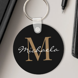 Custom Name Monogram Glamourous Script Black Key Ring