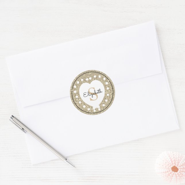 Custom Name Monogram Gold Glitter Pink Heart Classic Round Sticker (Envelope)