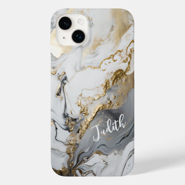 Custom Name/Monogram Grey-White and gold Marbling Case-Mate iPhone Case (Back)