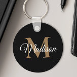 Custom Name Monogram Handwriting Script Black<br><div class="desc">Create your own personalised black round keychain with your custom elegant handwritten script name and monogram.</div>