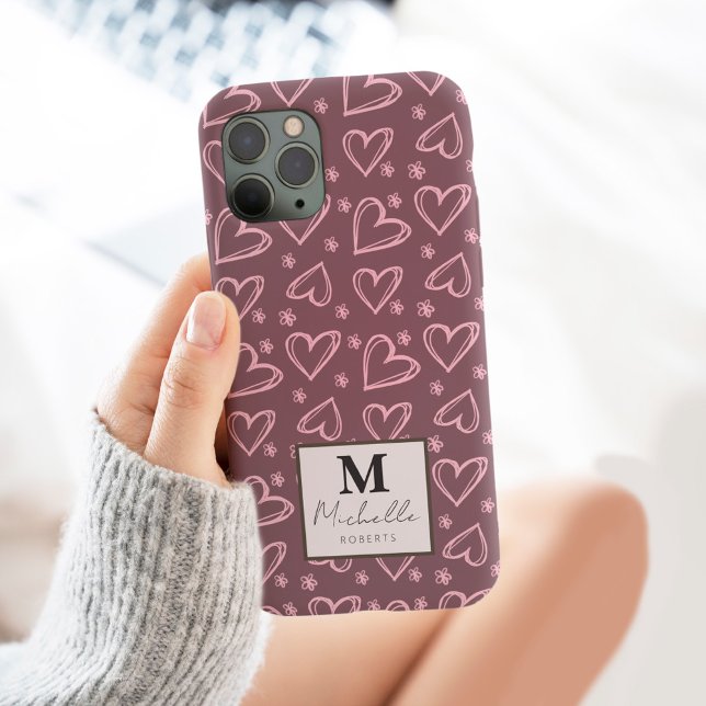 Custom Name Monogram Initial Doodle Hearts  Case-Mate iPhone Case (Creator Uploaded)