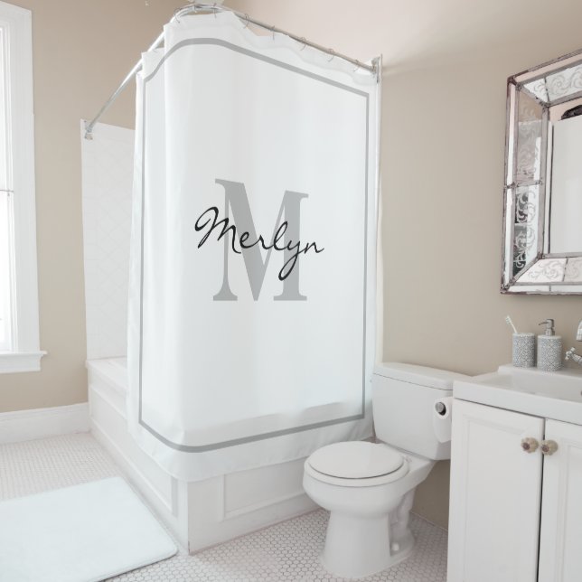 Custom Name Monogram Initial Light Grey White Cool Shower Curtain (In Situ)