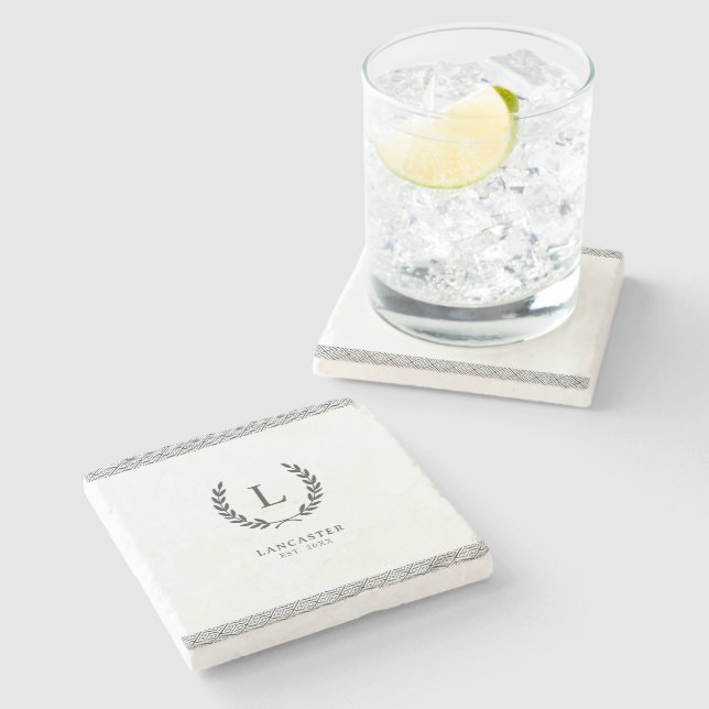 Custom Name Monogram Initial Wreath Greek Key Stone Coaster (Side)