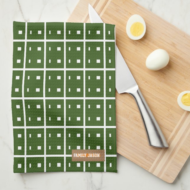 Custom name monogram modern pattern green white tea towel (Quarter Fold)