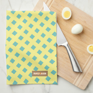 Custom name monogram modern pattern yellow blue tea towel