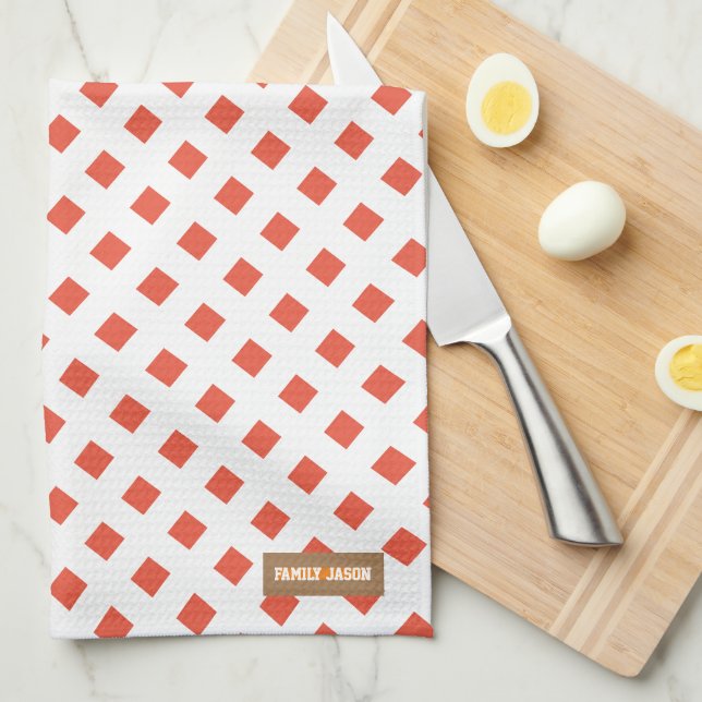 Custom name monogram modern red white diamonds tea towel (Quarter Fold)
