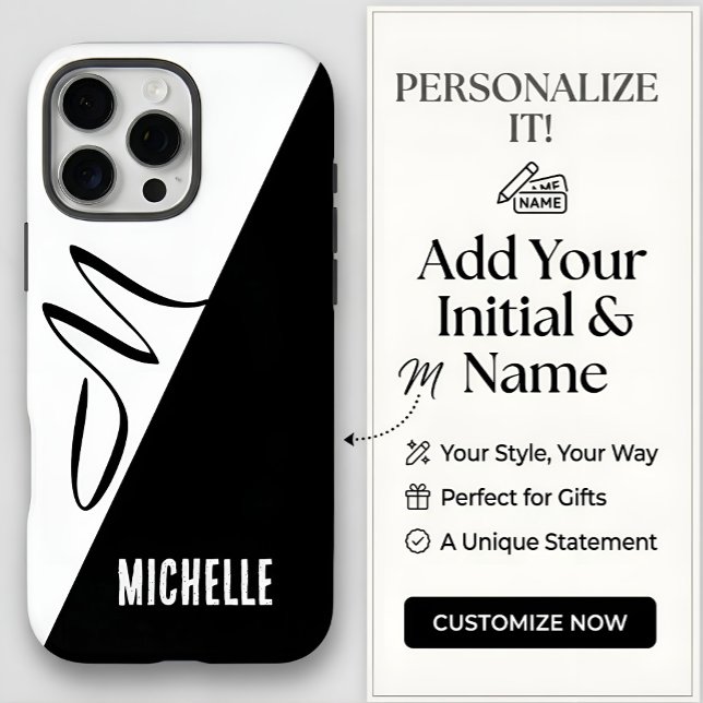 Custom Name Monogram Modern Split Black & White Case-Mate iPhone Case (Creator Uploaded)