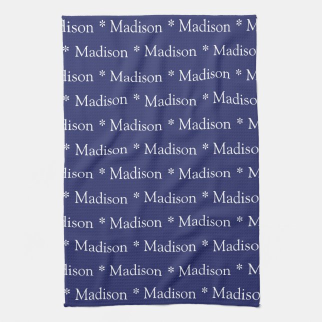 Custom name monogram navy blue white pattern tea towel (Vertical)