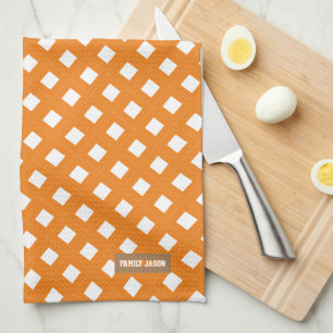 Custom name monogram orange white pattern diamonds tea towel