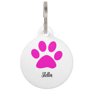 Custom Name Monogram Paw Print Patterns Pink White Pet Tag