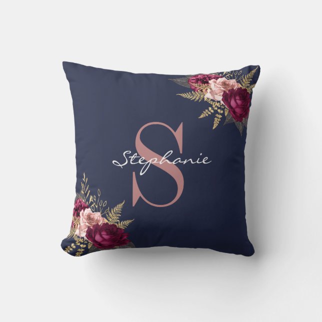 Custom Name Monogram Pink Burgundy Gold Floral Cushion (Front)