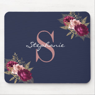 Custom Name Monogram Pink Burgundy Gold Floral Mouse Pad