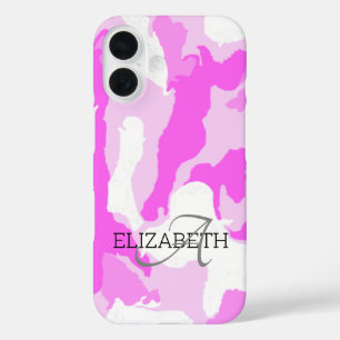 Custom Name Monogram Pink White Camouflage Pattern iPhone 16 Case