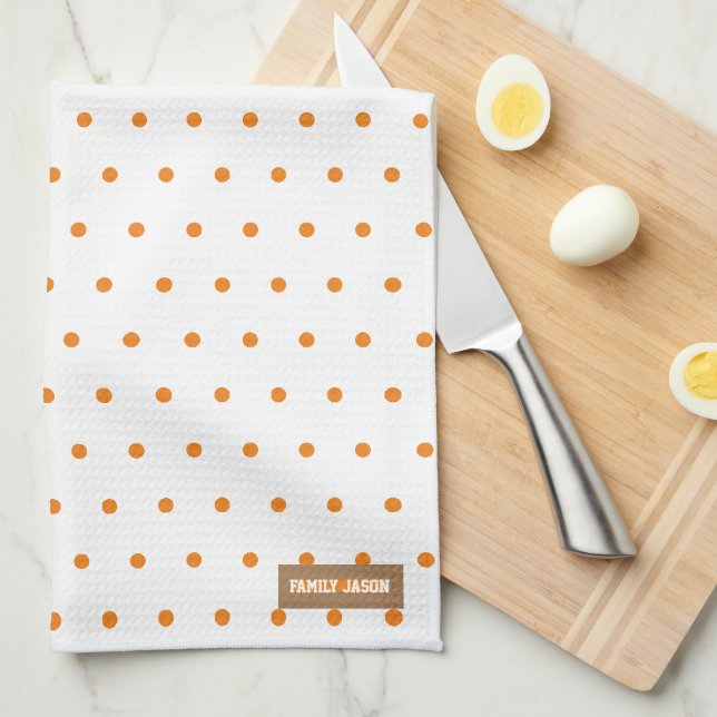 Custom name monogram polka dots white orange cute tea towel (Quarter Fold)