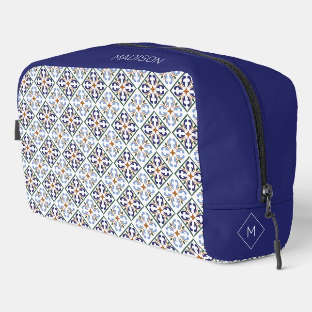 Custom Name & Monogram Portugese Tiles Pattern Dopp Kit (Right Corner)