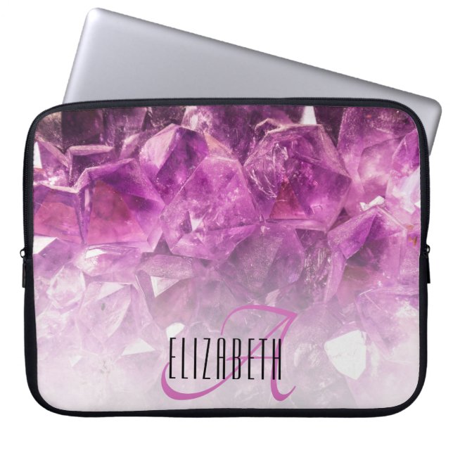 Custom Name Monogram Purple Ombre Crystals Laptop Sleeve (Front)