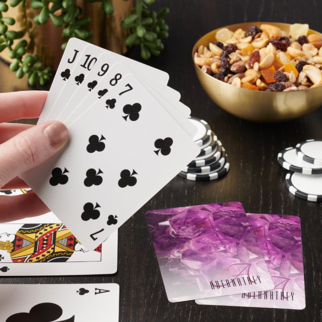 Custom Name Monogram Purple Ombre Crystals Playing Cards (In Situ)