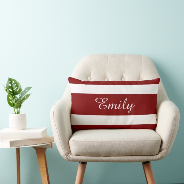 Custom Name Monogram Red And White Stripes Pattern Lumbar Cushion (Chair)