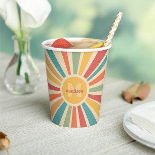 Custom Name & Monogram Retro Stripes Paper Cups
