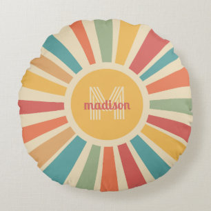 Custom Name & Monogram Retro Stripes Round Cushion