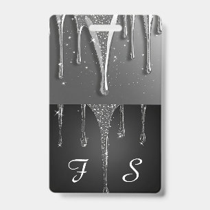 Custom name Monogram Silver Glitter Drips ID Badge
