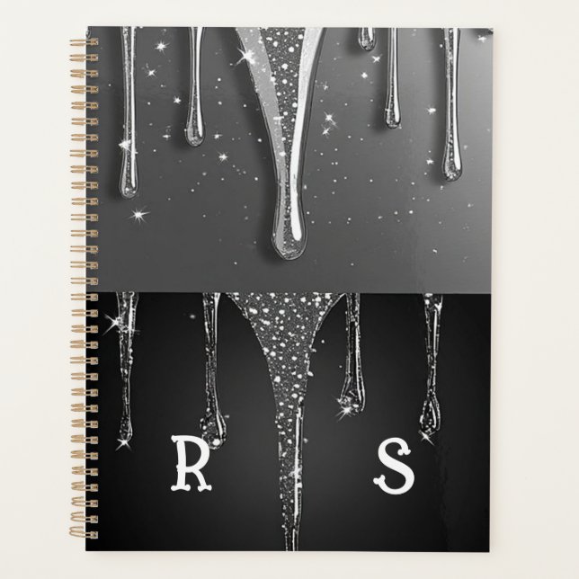 Custom name Monogram Silver Glitter Drips Planner (Front)