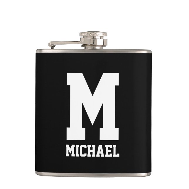 Custom name monogram small black and white hip flask (Front)