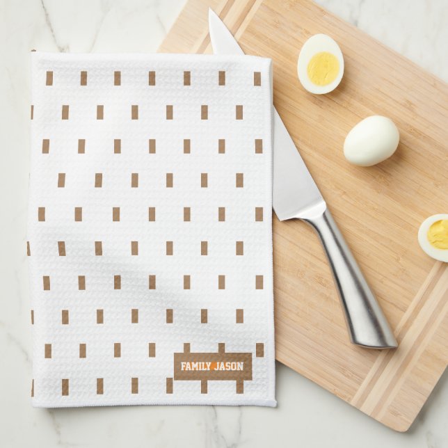 Custom name monogram squares dots white brown cute tea towel (Quarter Fold)