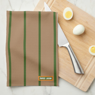 Custom name monogram stripes brown green stylish tea towel