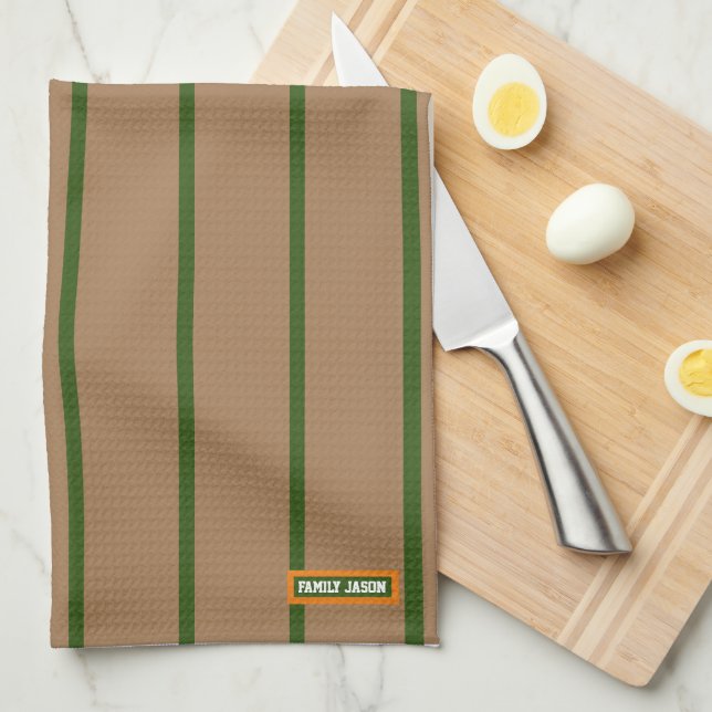 Custom name monogram stripes brown green stylish tea towel (Quarter Fold)